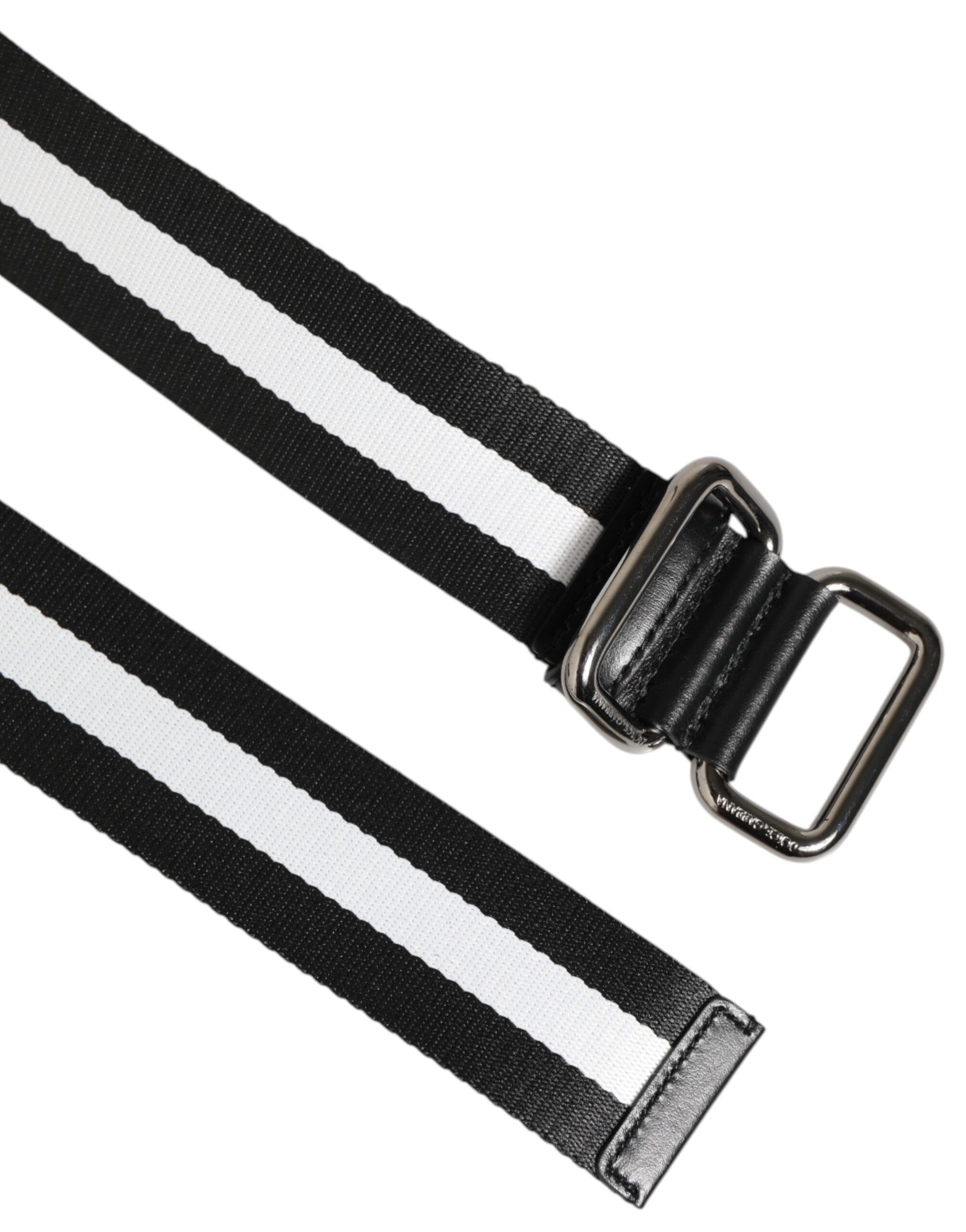 Black White Striped Logo Metal Buckle Belt