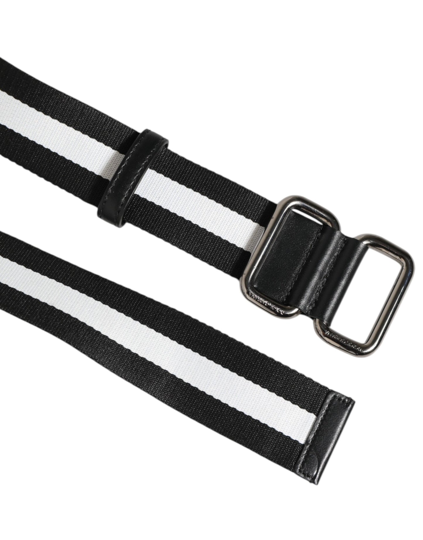 Black White Striped Logo Metal Buckle Belt