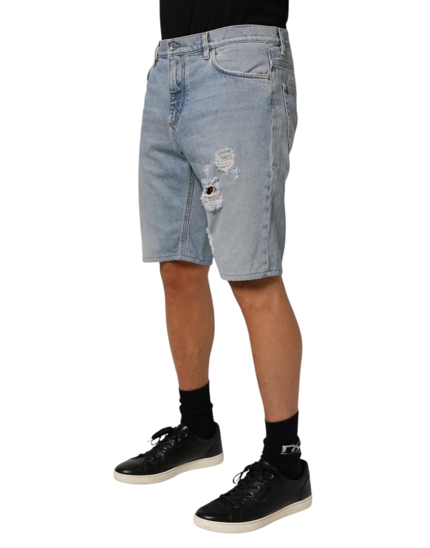 Blue Cotton Distressed Denim Bermuda  Shorts