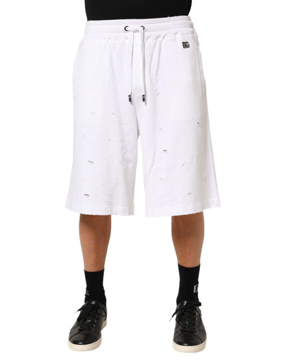 White Cotton Ripped Bermuda Sweatpants Shorts