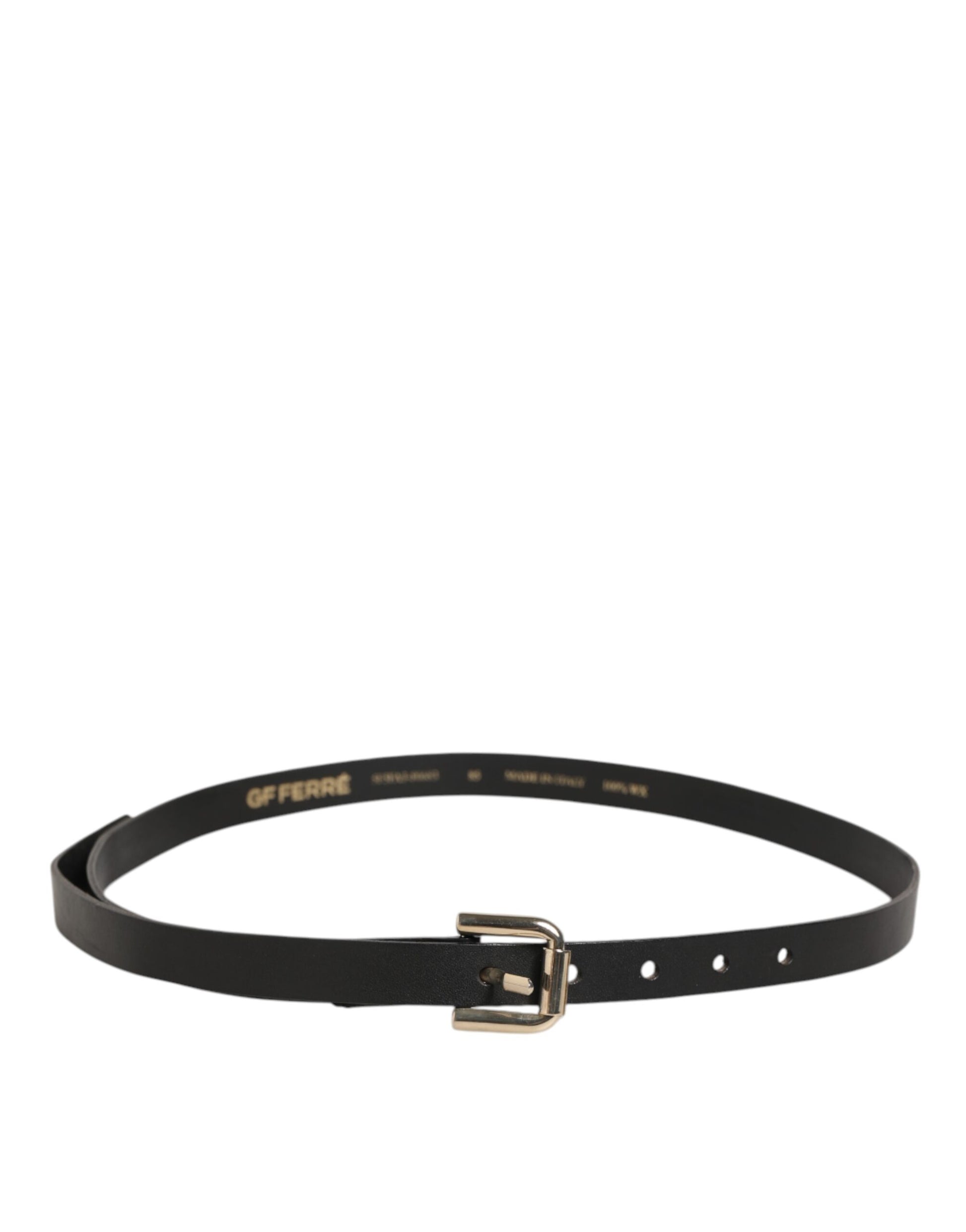 Black Leather Slim Gold Tone Buckle Waist Men Belt