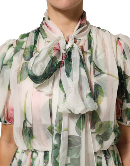 White Floral Print Silk Pleated Midi Dress