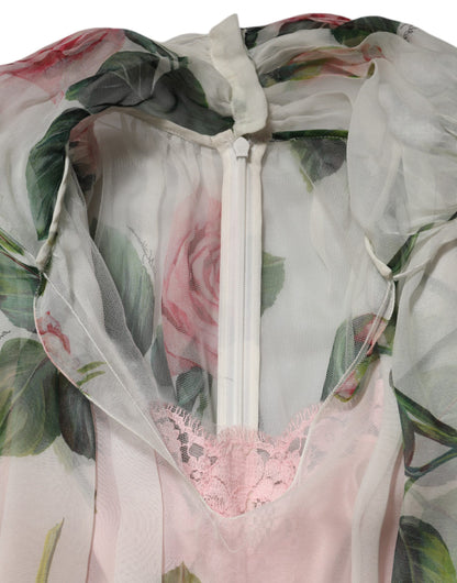 White Floral Print Silk Pleated Midi Dress