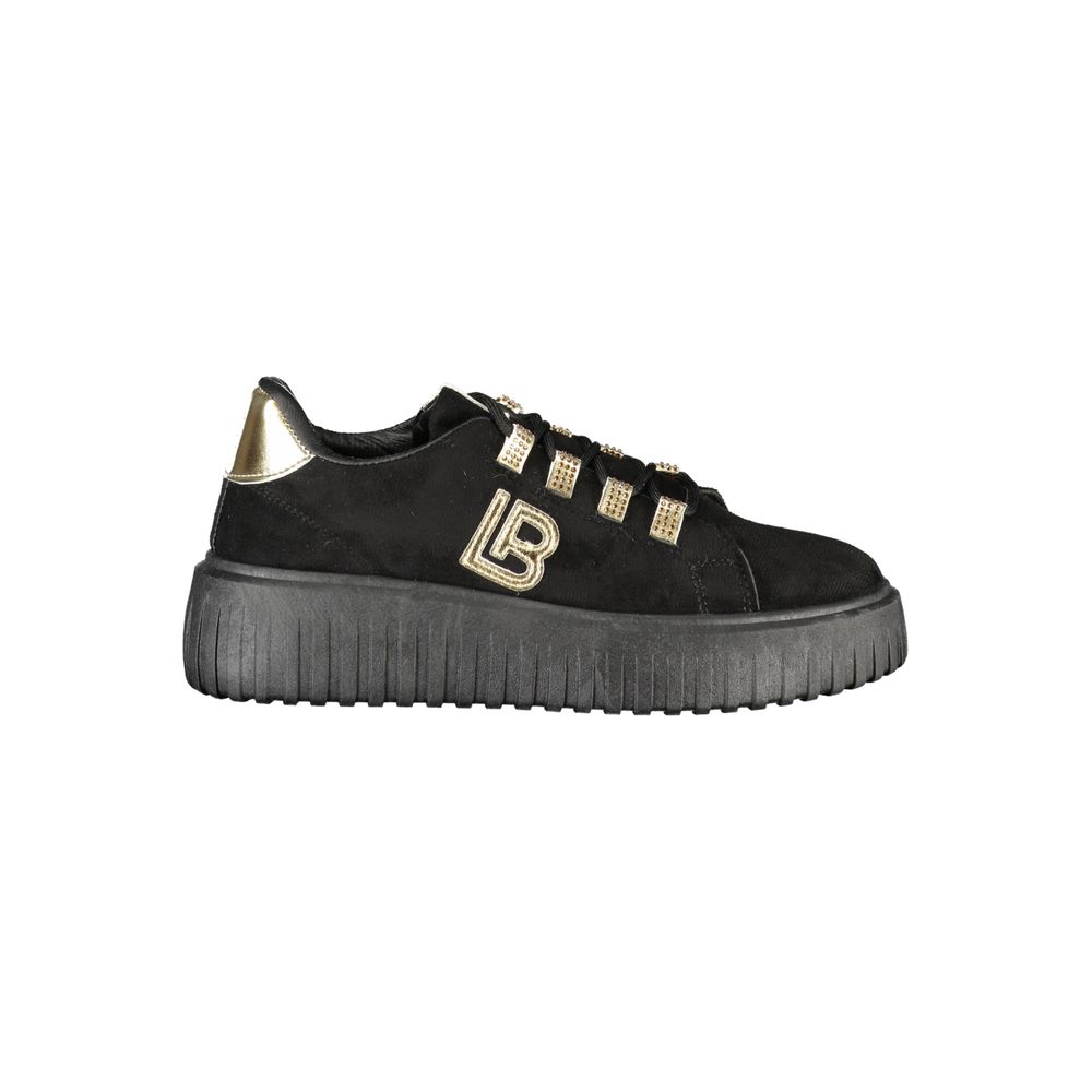 Black Polyester Women Sneaker with Gold Detail and Rhinestone Accents
