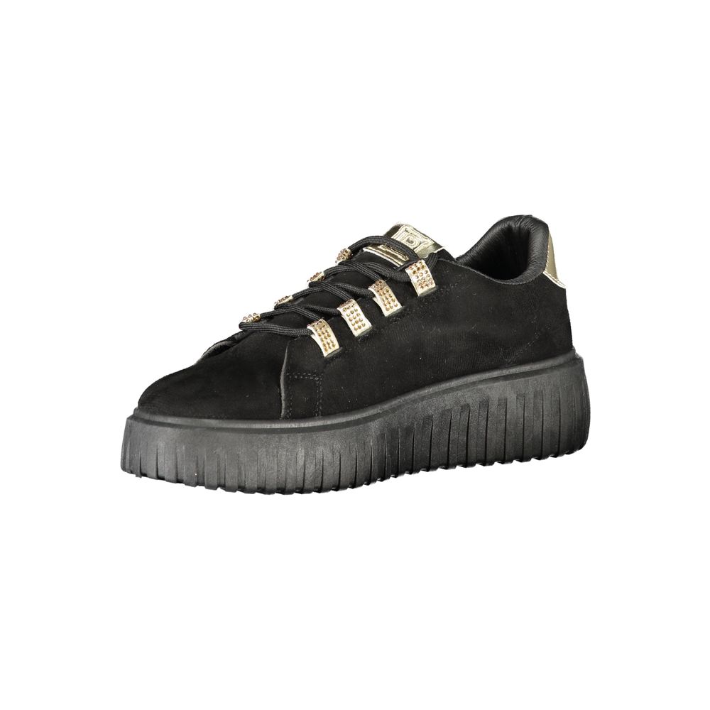 Black Polyester Women Sneaker with Gold Detail and Rhinestone Accents