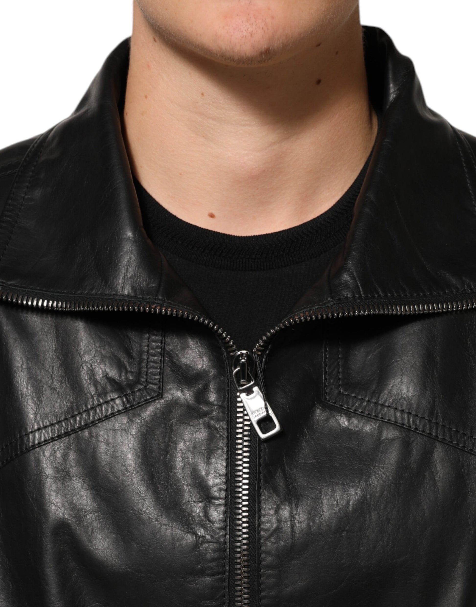 Black Leather Full Zip Biker Blouson Jacket