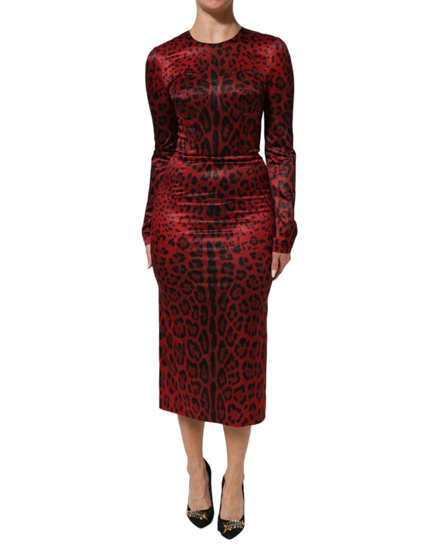Red Leopard Sheath Long Sleeves Dress