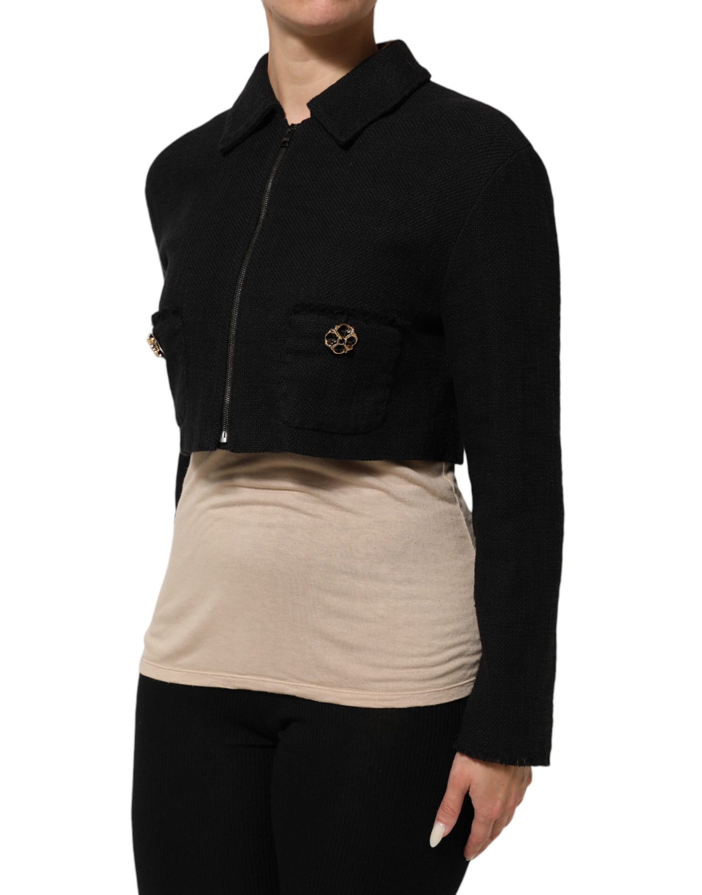 Black Cotton Full Zip Cropped Coat Jacket
