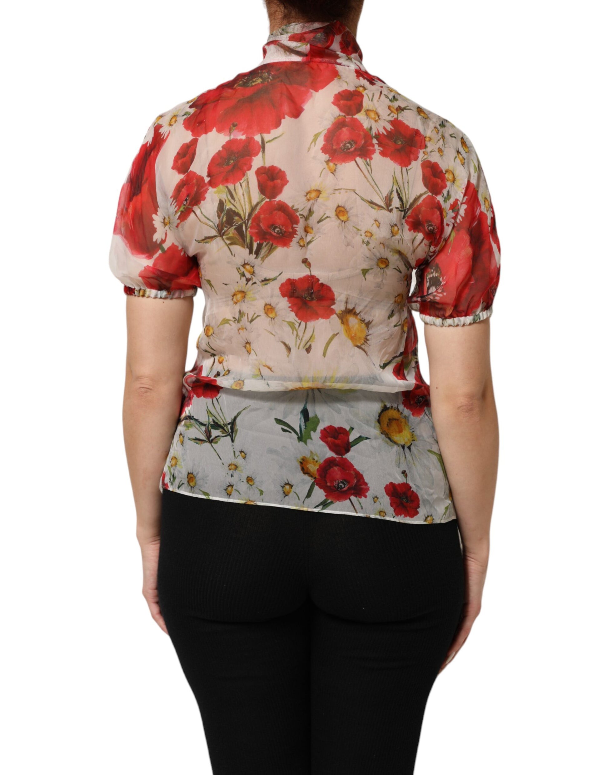 White Floral Tie-Neck Poppy Print Blouse Top