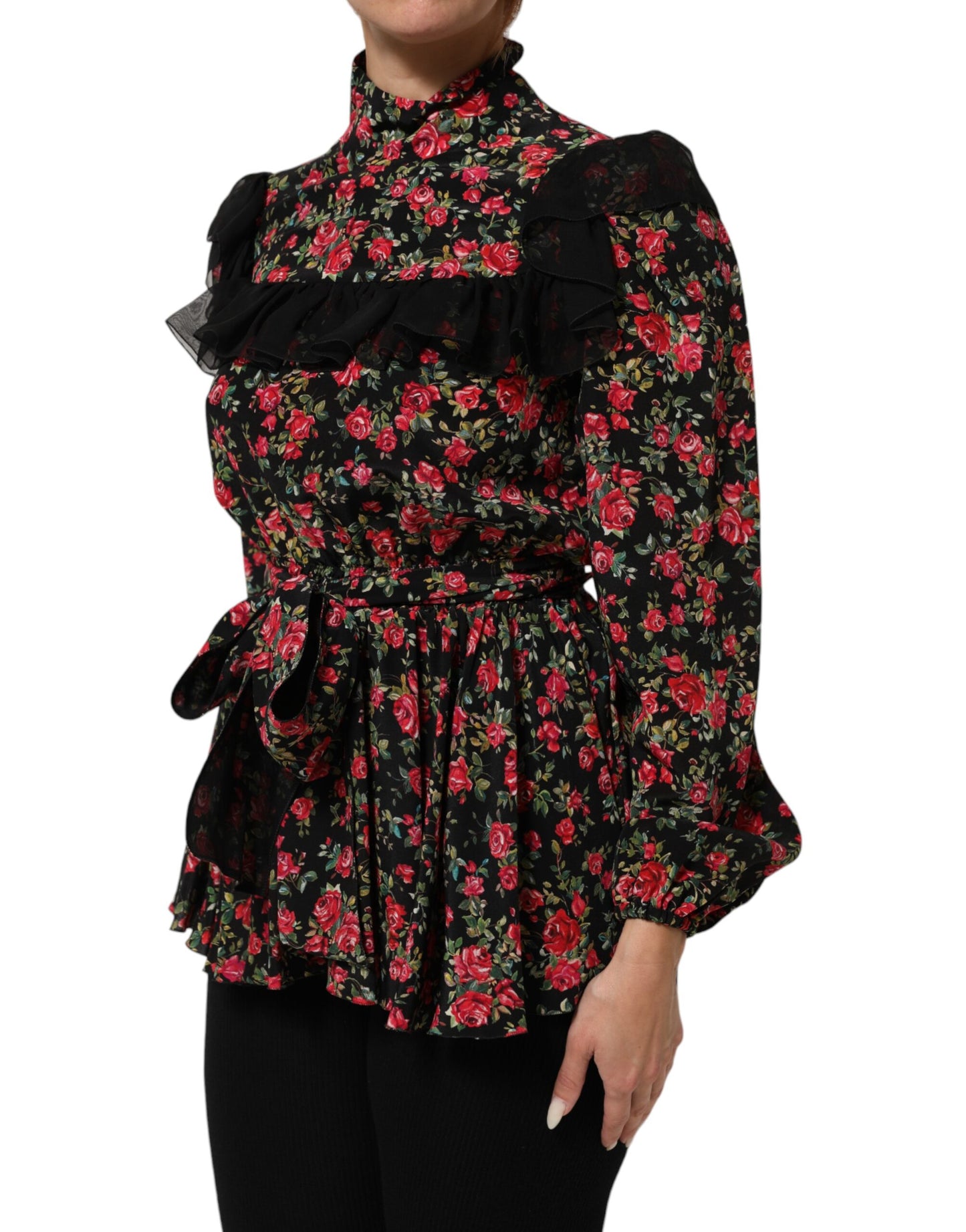 Black Floral Print Long Sleeve Blouse Top