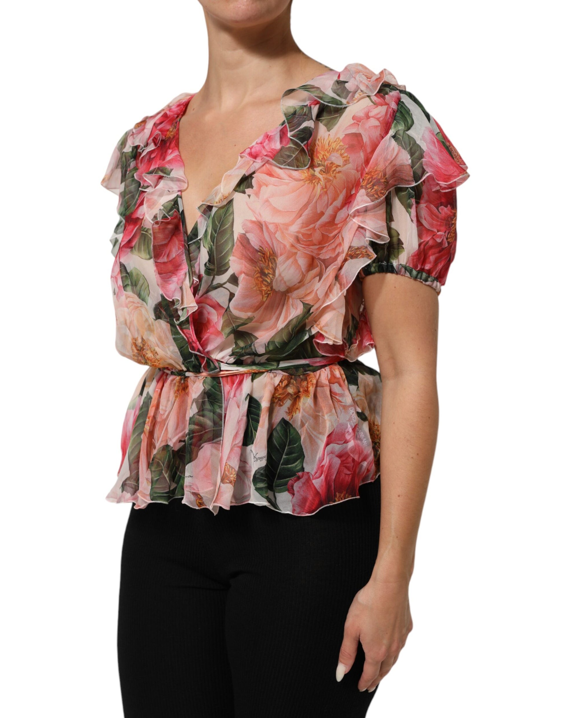 Pink Camellias Printed Silk V-neck Blouse Top