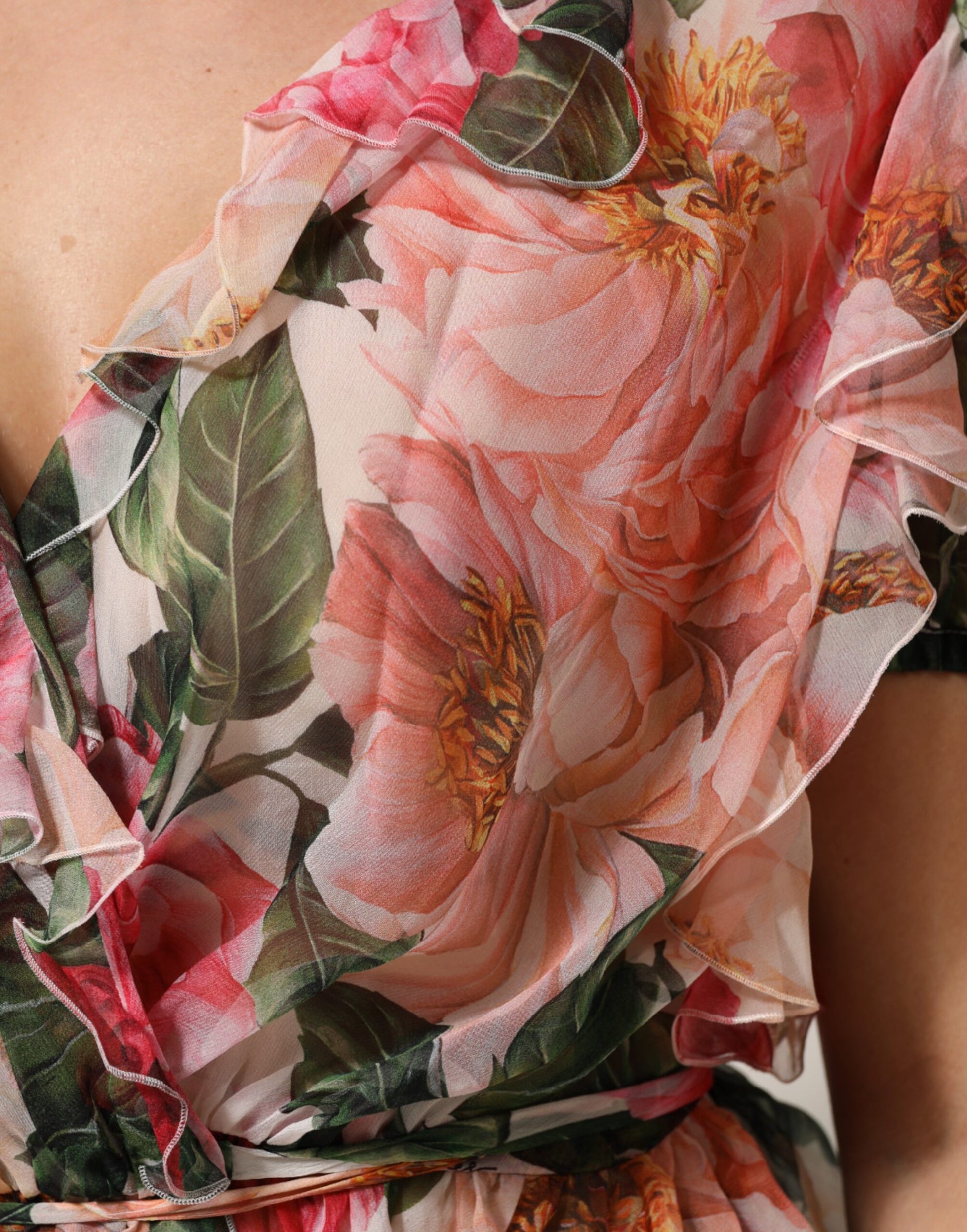 Pink Camellias Printed Silk V-neck Blouse Top