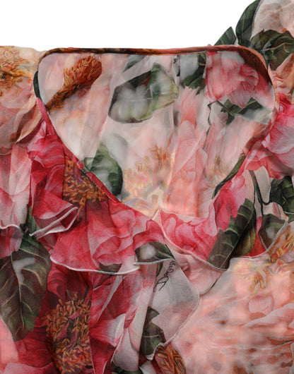 Pink Camellias Printed Silk V-neck Blouse Top