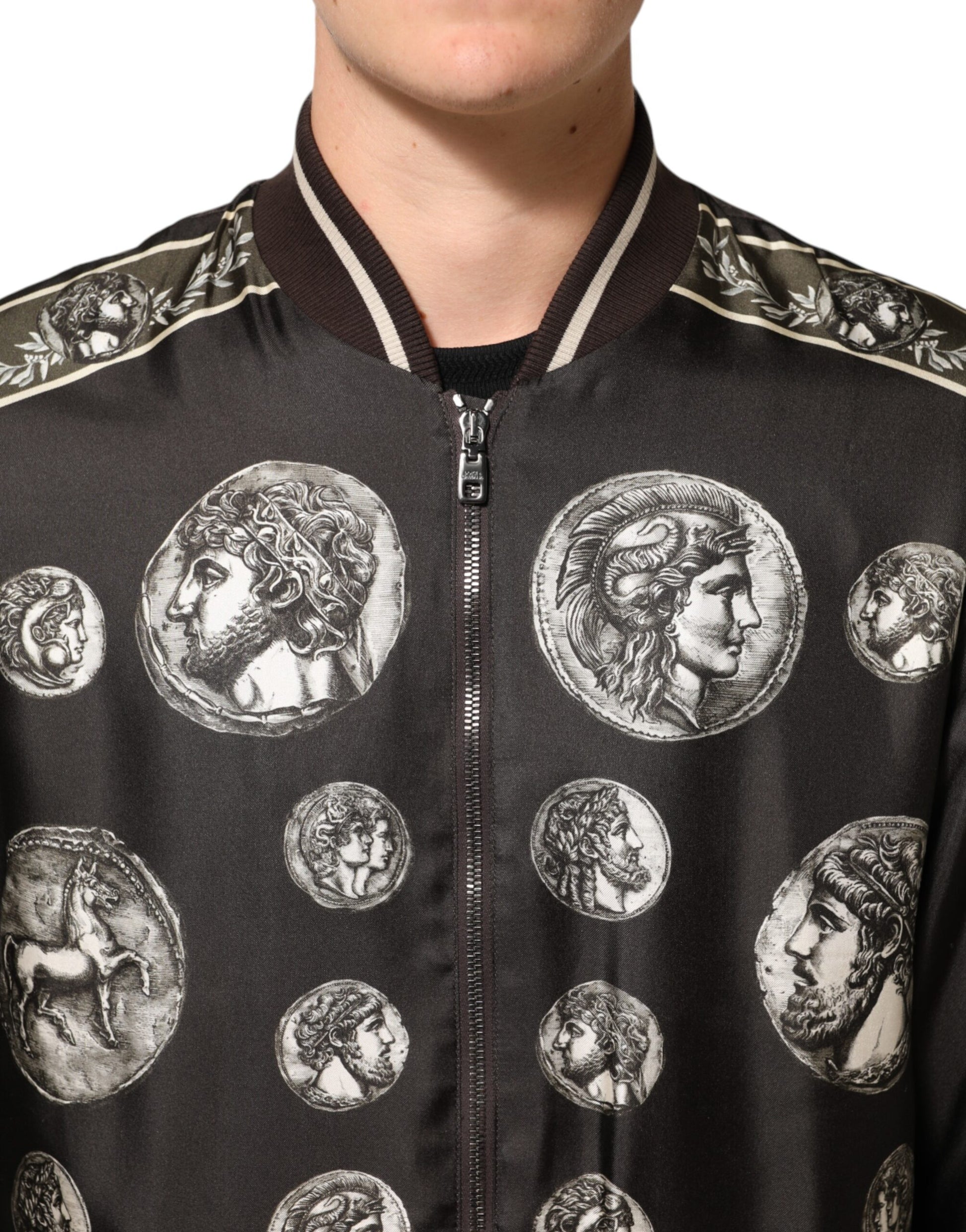 Black "Monete" Coin Print Silk Bomber Jacket