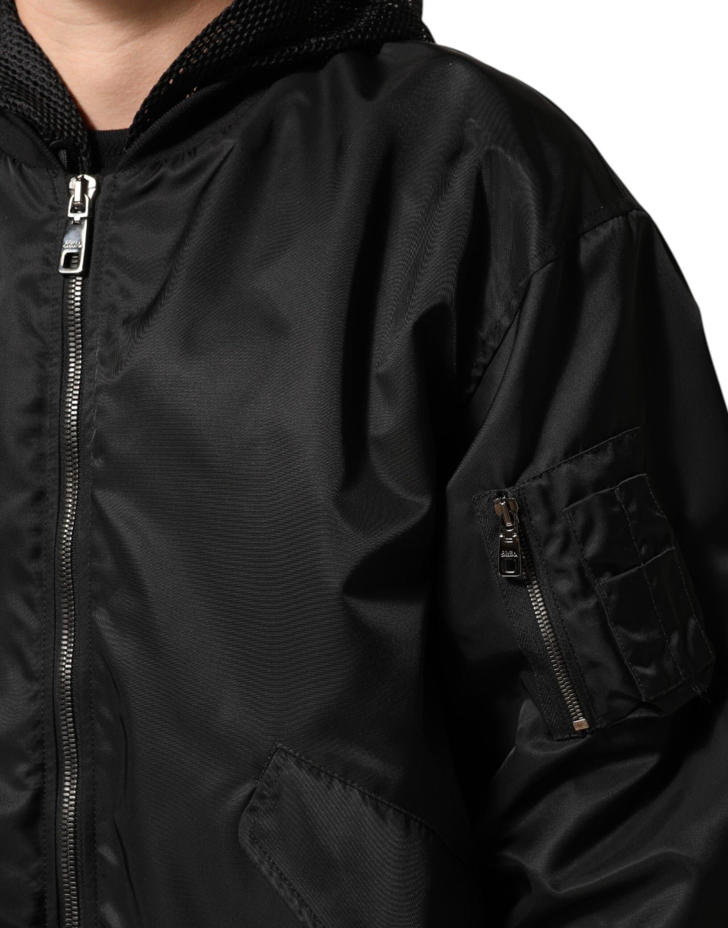 Black Nylon Hooded Full Zip Bomber Men Jacket