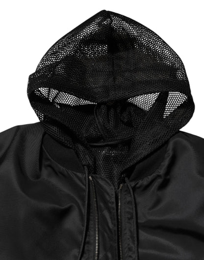 Black Nylon Hooded Full Zip Bomber Men Jacket