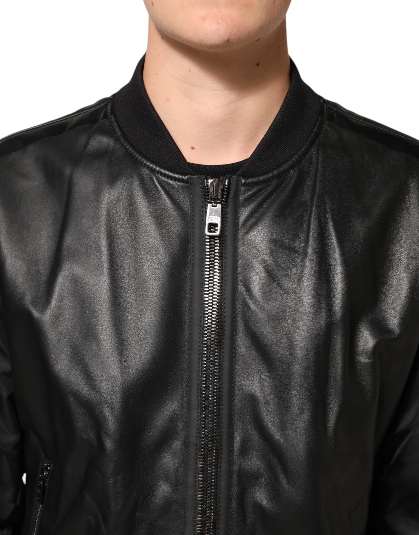 Black Leather Nylon FullZip Blouson Jacket