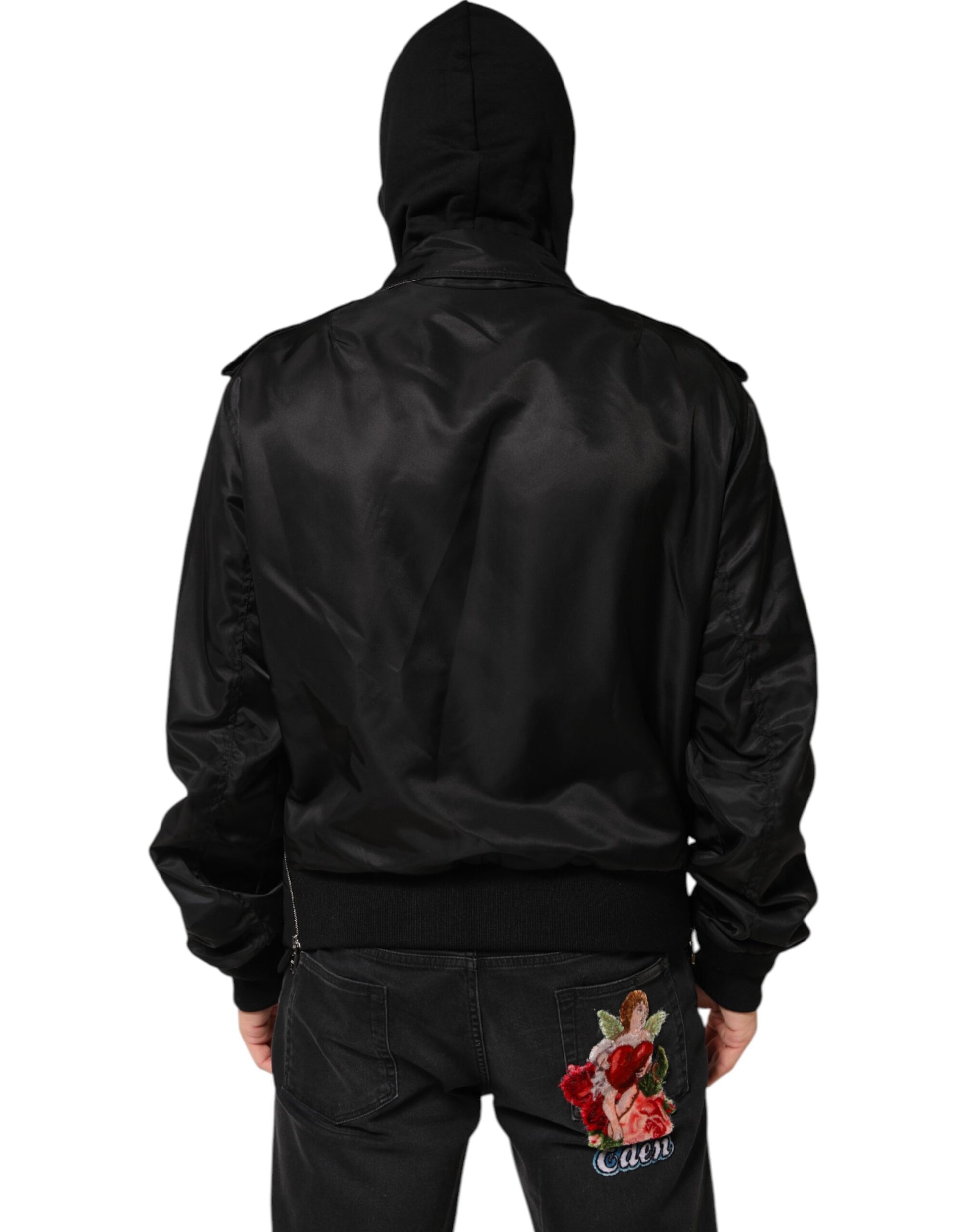 Black Cotton Hooded Full Zip Bomber Jacket