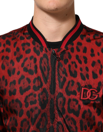 Red Leopard Print Full Zip Bomber Men Jacket
