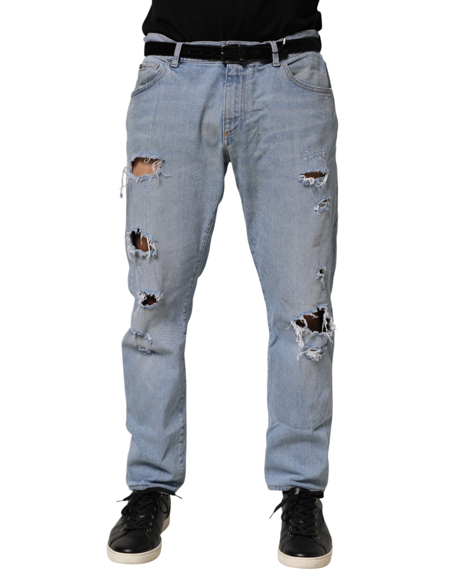 Blue Cotton Distressed Slim Fit Denim Jeans