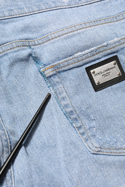 Blue Cotton Distressed Slim Fit Denim Jeans