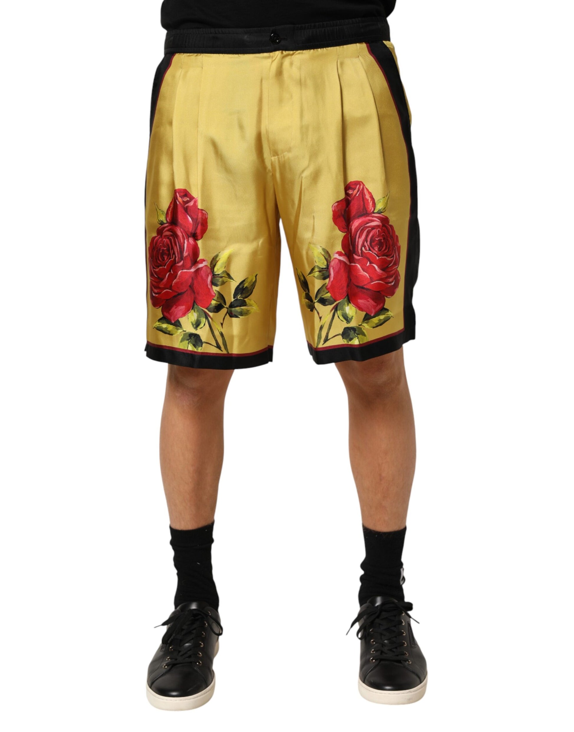 Yellow Floral Print Silk Men Bermuda Shorts