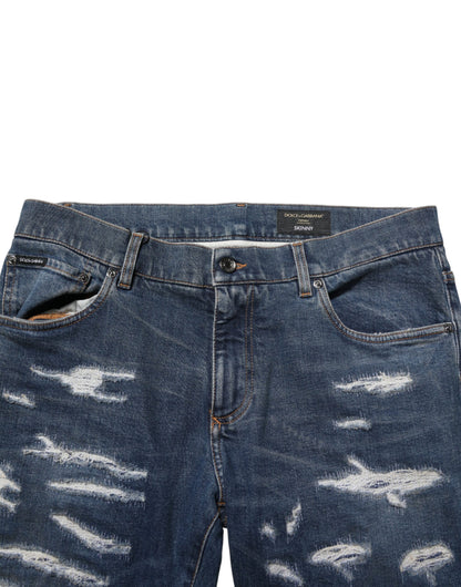 Blue Tattered Cotton Skinny Men Denim Jeans