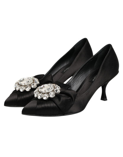 Black Satin Bow Crystal Embellishment Pumps Shoes