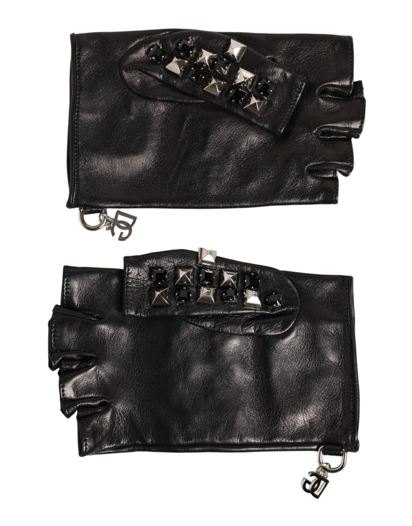 Black Leather Studded Fingerless Hand Mitten Men Gloves