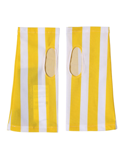 Yellow White Nylon Fingerless Wrist Length Gloves
