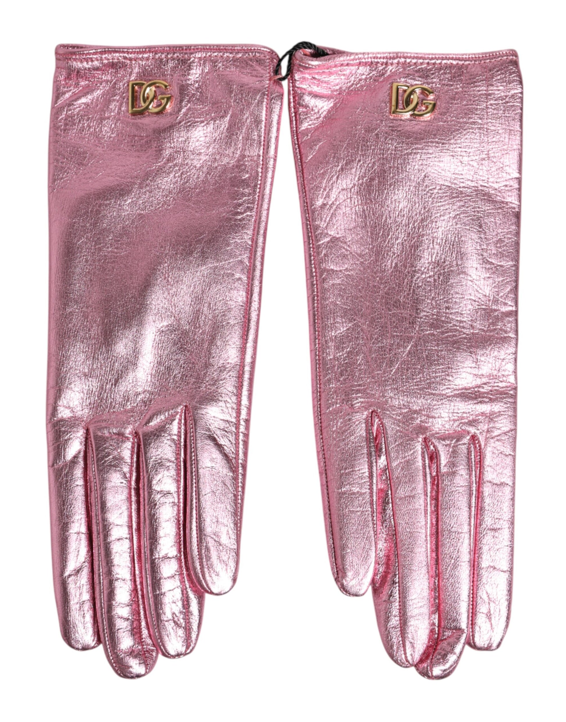 Pink Leather DG Logo Wrist Length Mitten Gloves