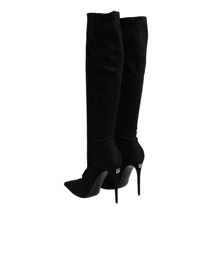Black Cotton Stretch High Heels Boots Shoes