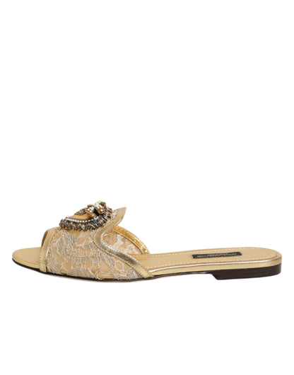 Gold Devotion Lace Flats Slip On Sandals Shoes
