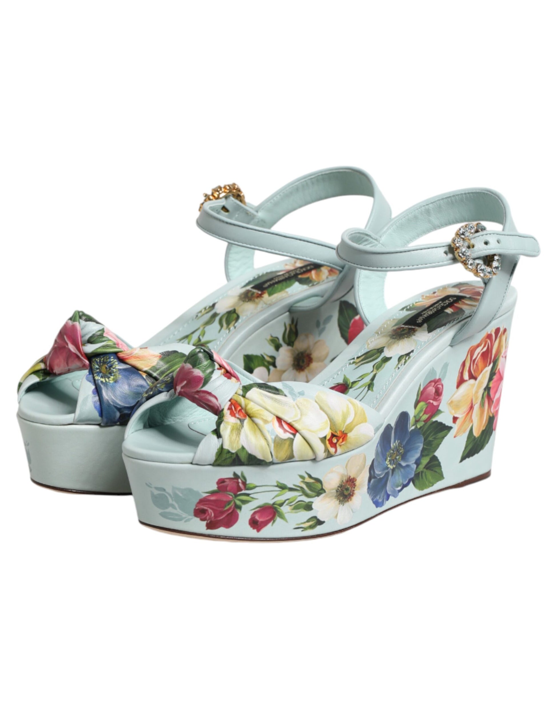 Green Floral Ankle Strap Wedge Sandals Shoes