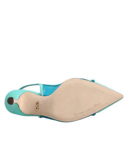 Blue Leather Mesh Heels Slingback Shoes