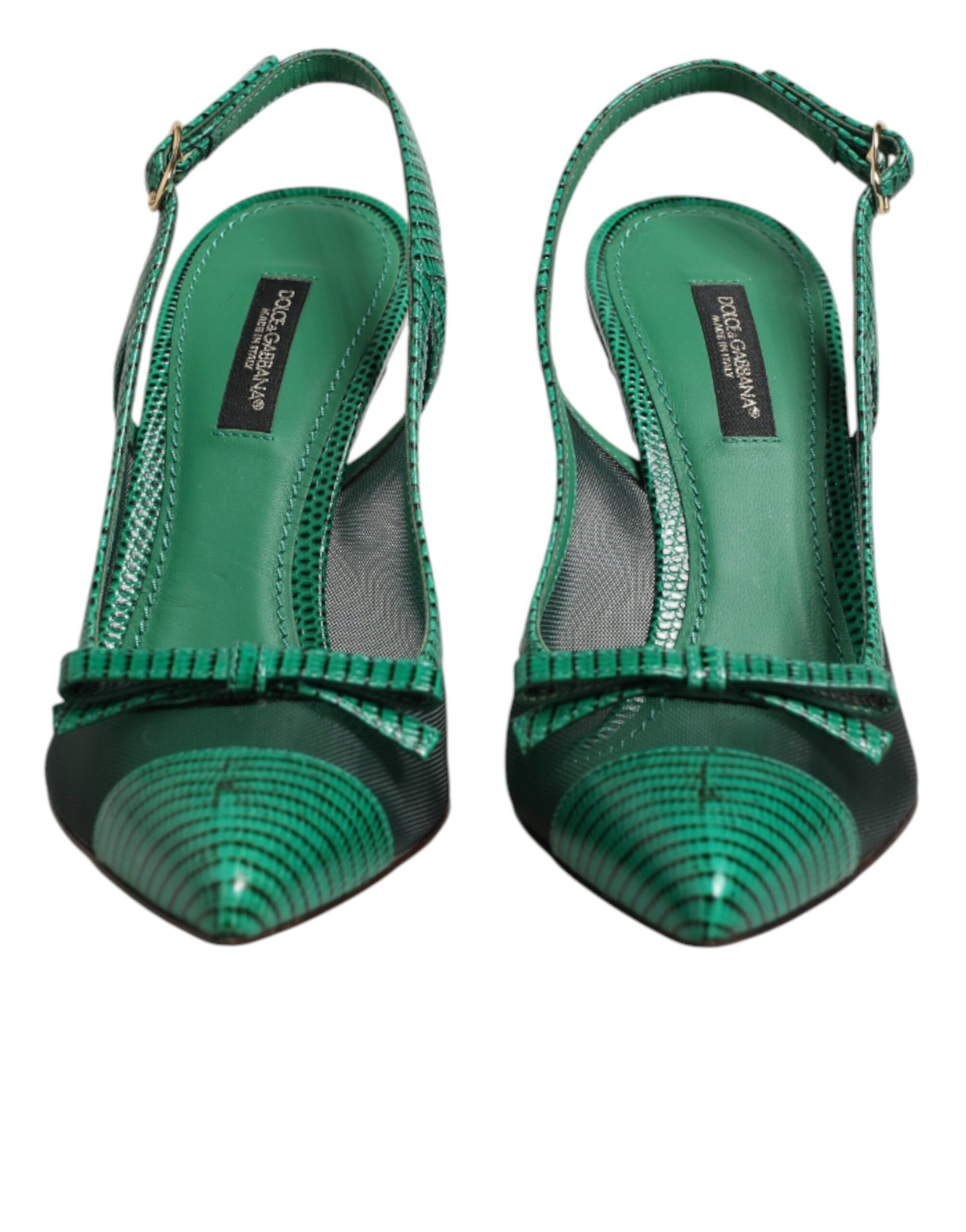 Green Leather Mesh Heels Slingback  Shoes
