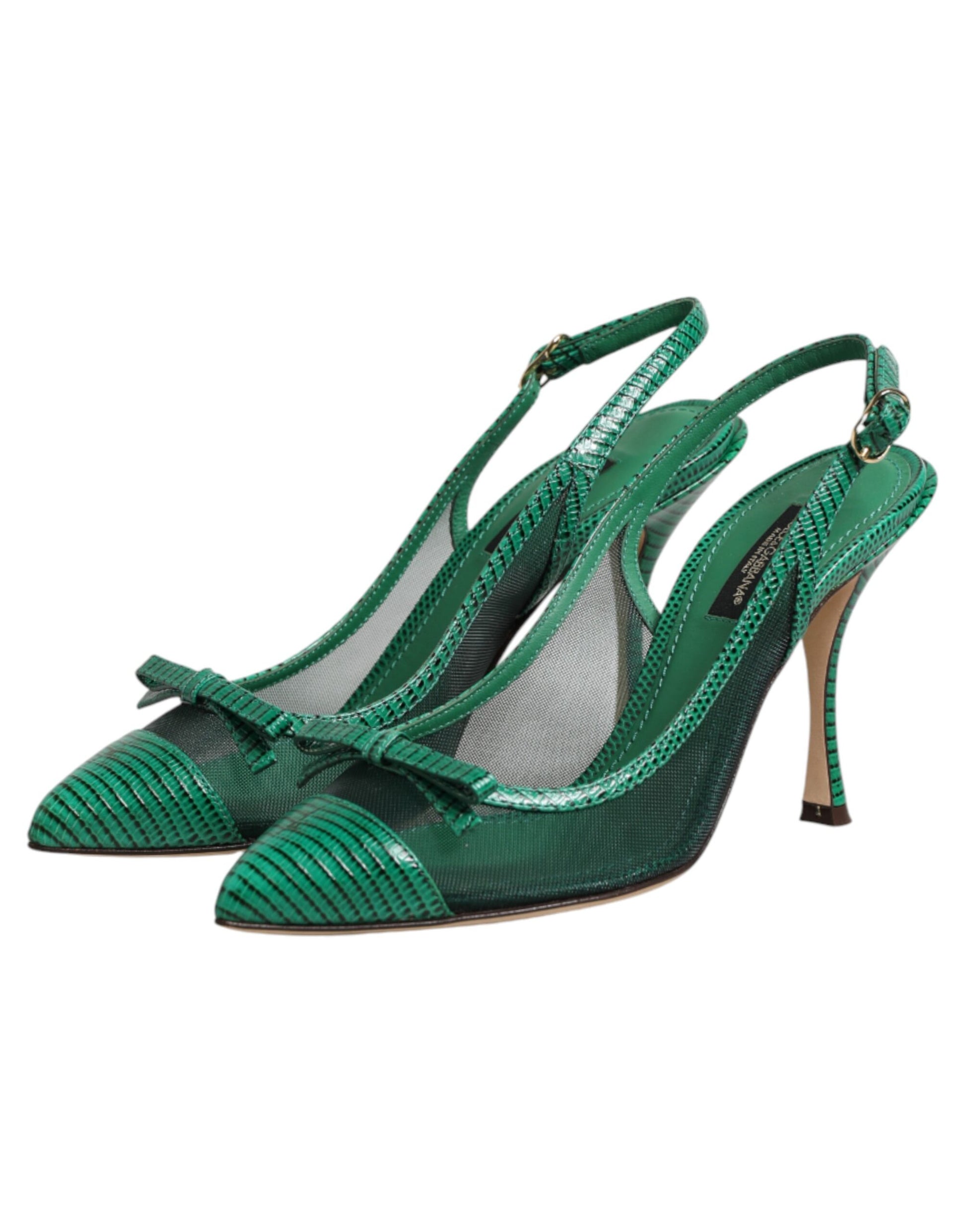 Green Leather Mesh Heels Slingback  Shoes