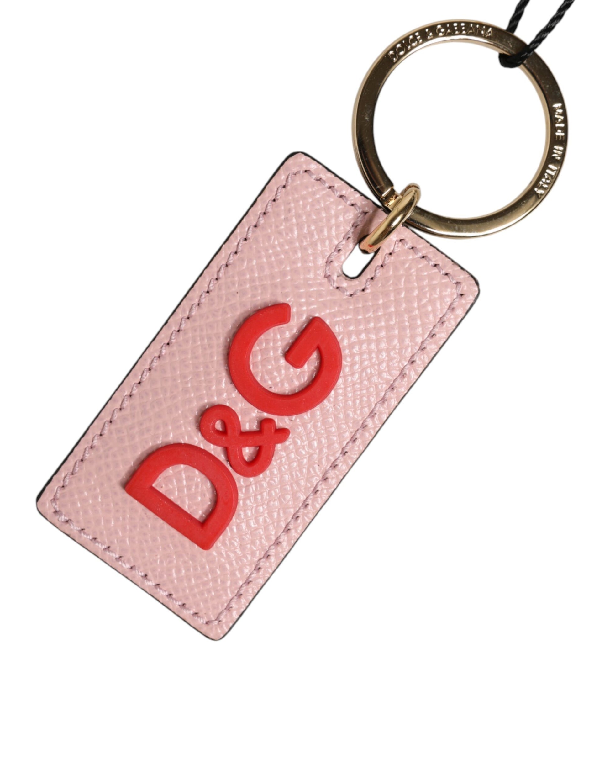 Pink Calf Leather DG Logo Metal Ring Keychain Keyring