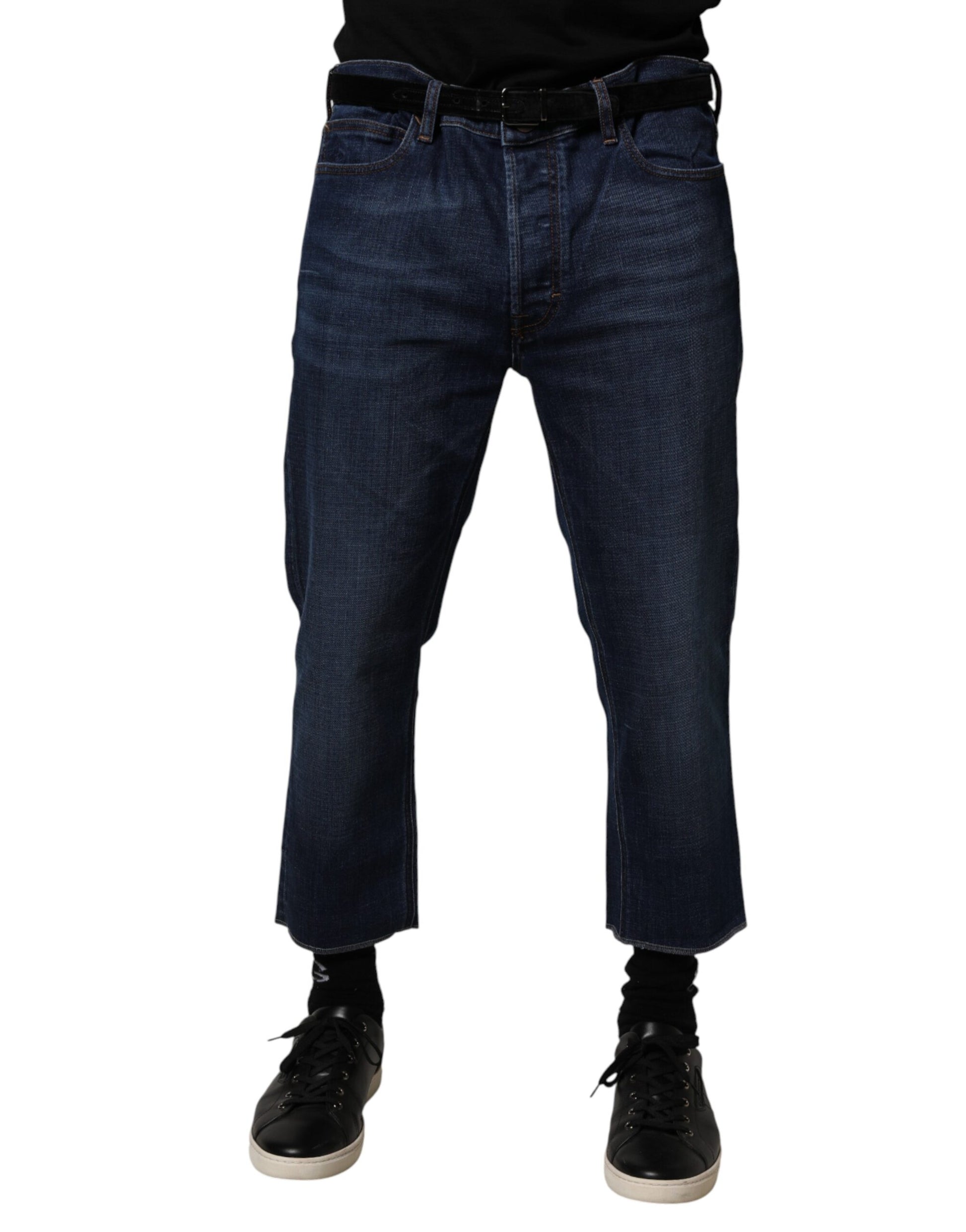 Blue Mid Waist Cotton Men Cropped Denim Jeans