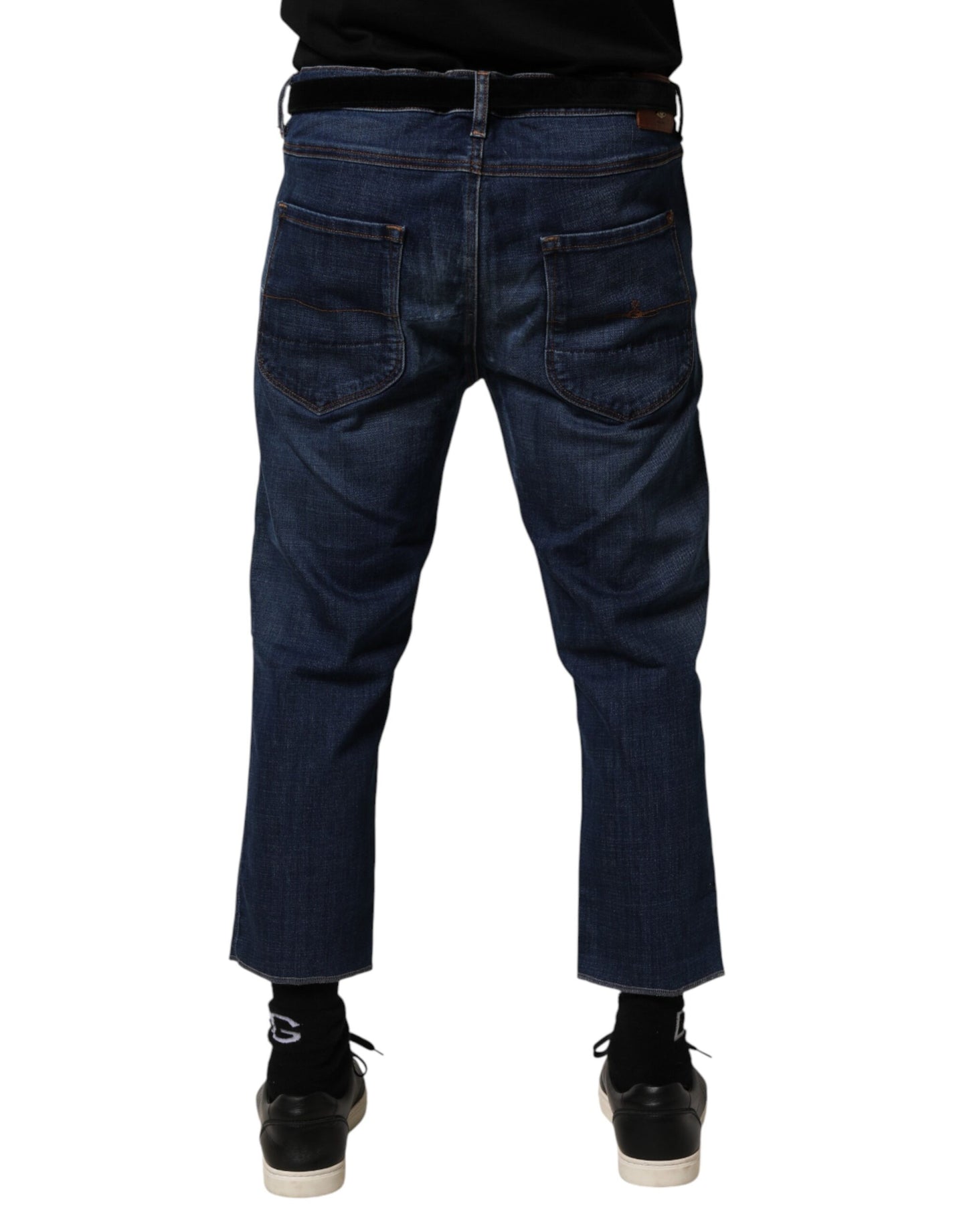 Blue Mid Waist Cotton Men Cropped Denim Jeans
