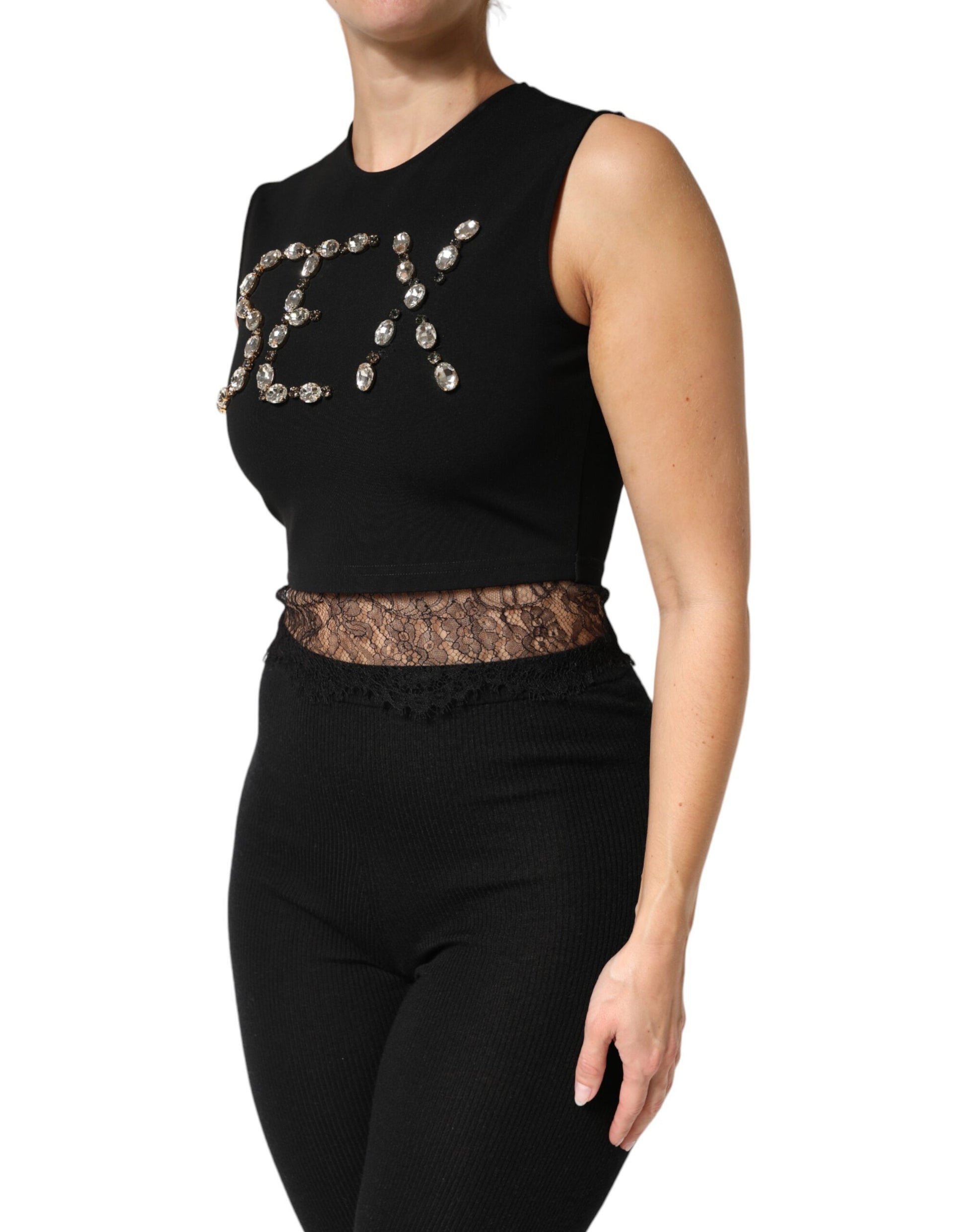 Black Jersey Lace Ruching Rhinestone Tank Top