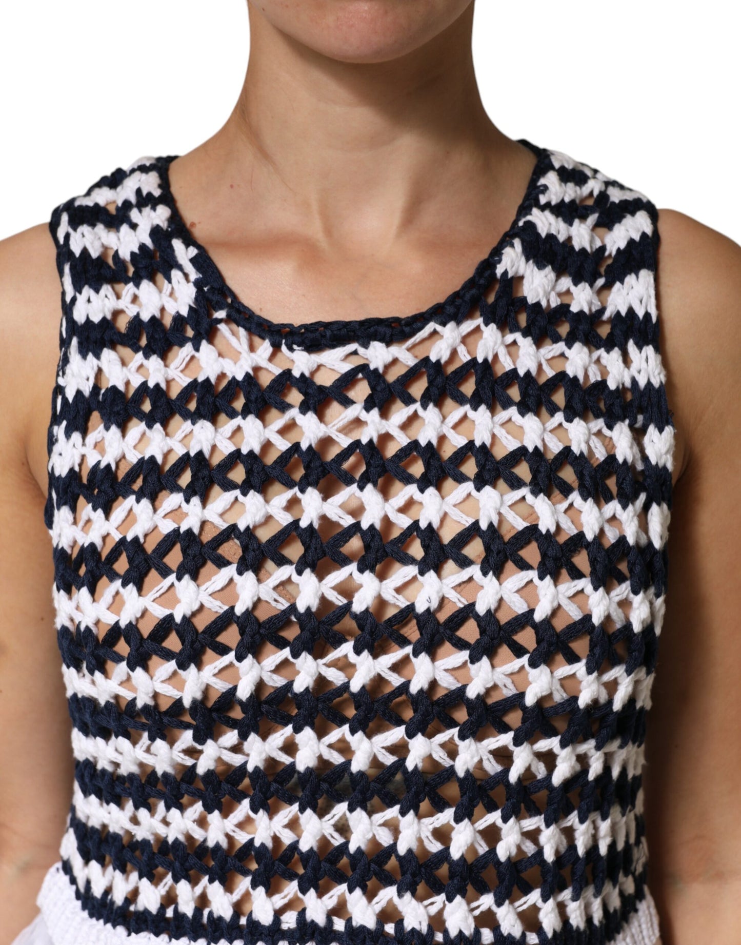 White Black Knitted Round Neck Sleeveless Tank Top