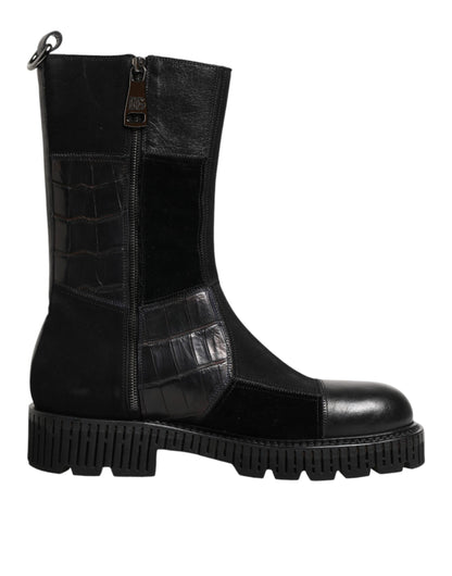 Black Patchwork Leather Mid Calf Boot  Shoes