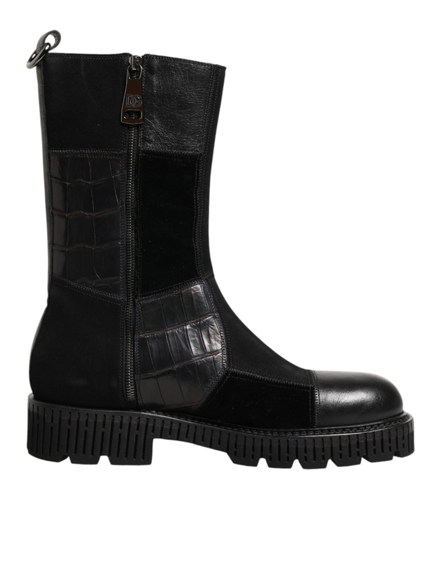 Black Patchwork Leather Mid Calf Boot  Shoes