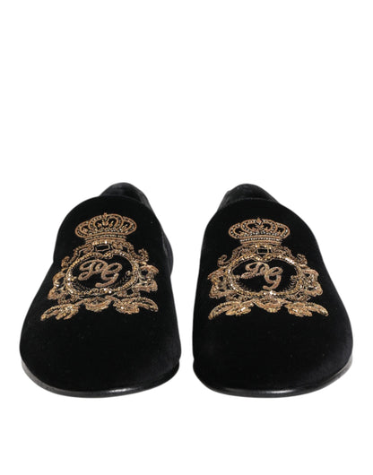 Black Velvet Gold Crown Mens Loafers Shoes