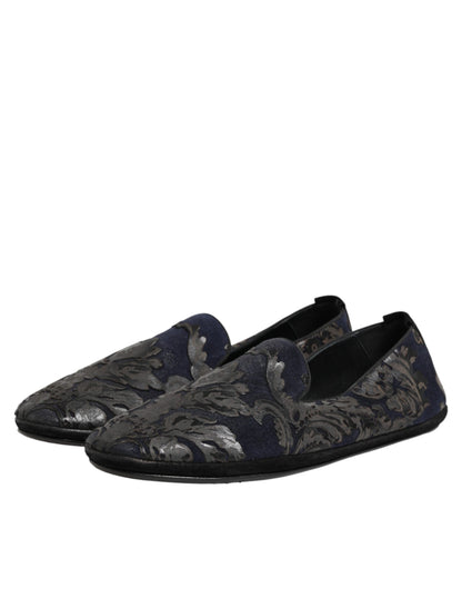 Black Jacquard Leather Slip On Loafers Shoes