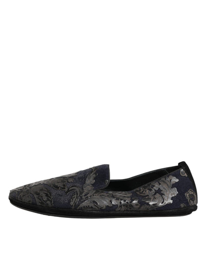 Black Jacquard Leather Slip On Loafers Shoes