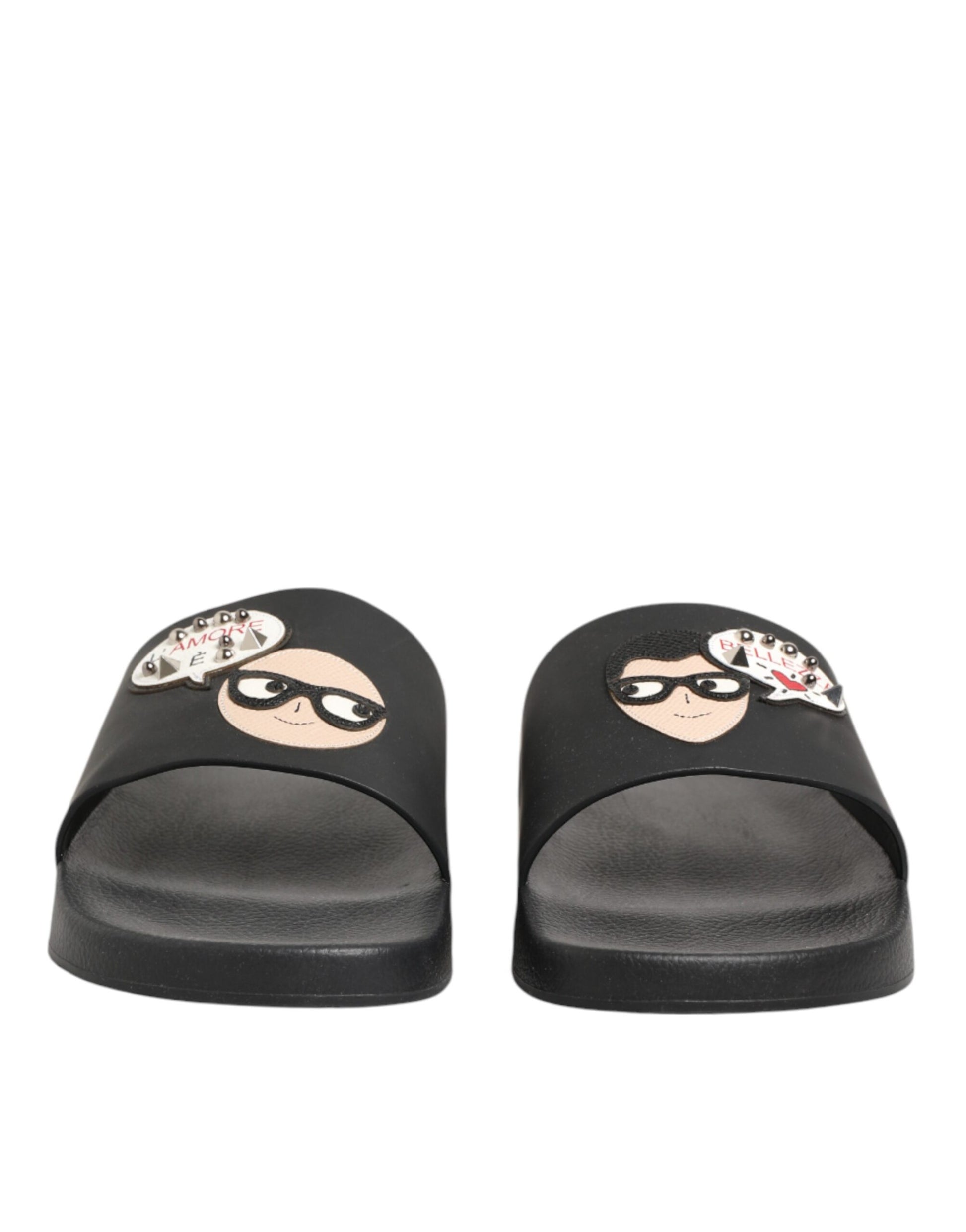 Black Leather Slides Sandals Beachwear Shoes