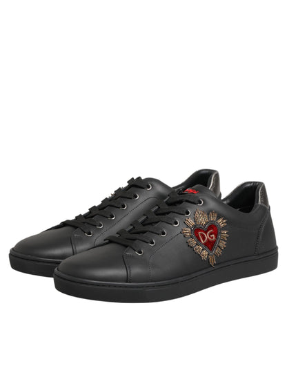 Black Leather Heart Embellished Sneakers Shoes