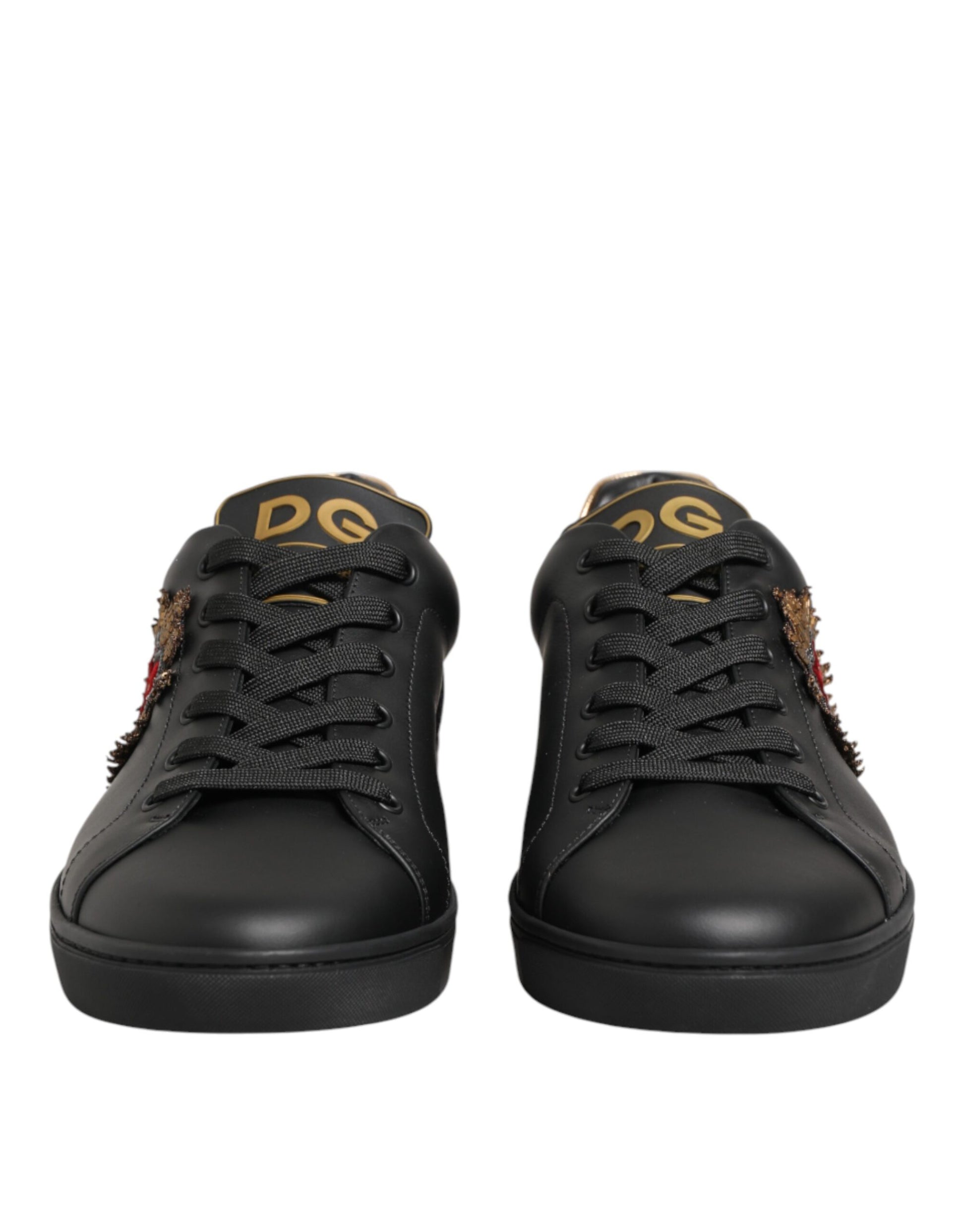Black Leather Heart Embellished Sneakers Shoes